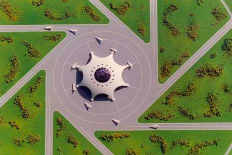 Jacque Fresco - DESIGNING THE FUTURE - The central dome of this airport 
		contains terminals, maintenance facilities, service centers, and hotels